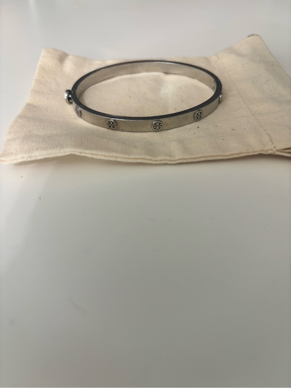 Tory Burch Silver Logo Disc Hinged Bangle